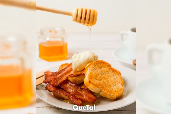 Rico desayuno; Pan francés con tocino y miel